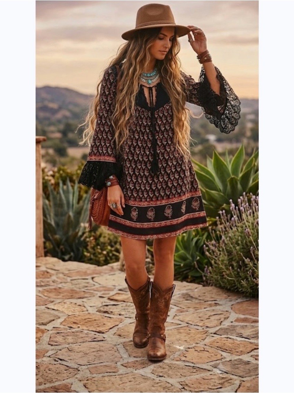 Vintage Free People Black & Burgundy Boho Floral Bell-Sleeve Mini Dress